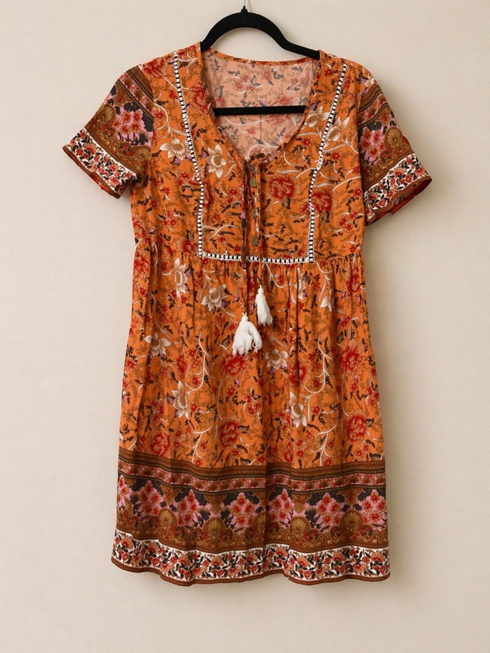 Orange Floral Midi Dress with Tassel Tie - Picture 2 of 3